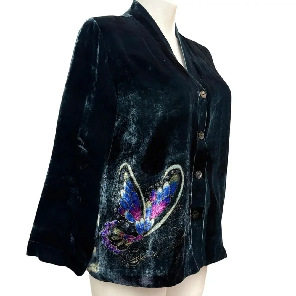 Chicos Green Silk & Velvet Painted Butterfly Kimono Blazer Jacket Size 2 (L/12) - Picture 3 of 12